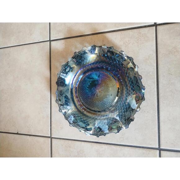 Other - Vintage Glass Blue Iridescent Diamond Cut Carnival Glass 10 1/4" Serving Dish